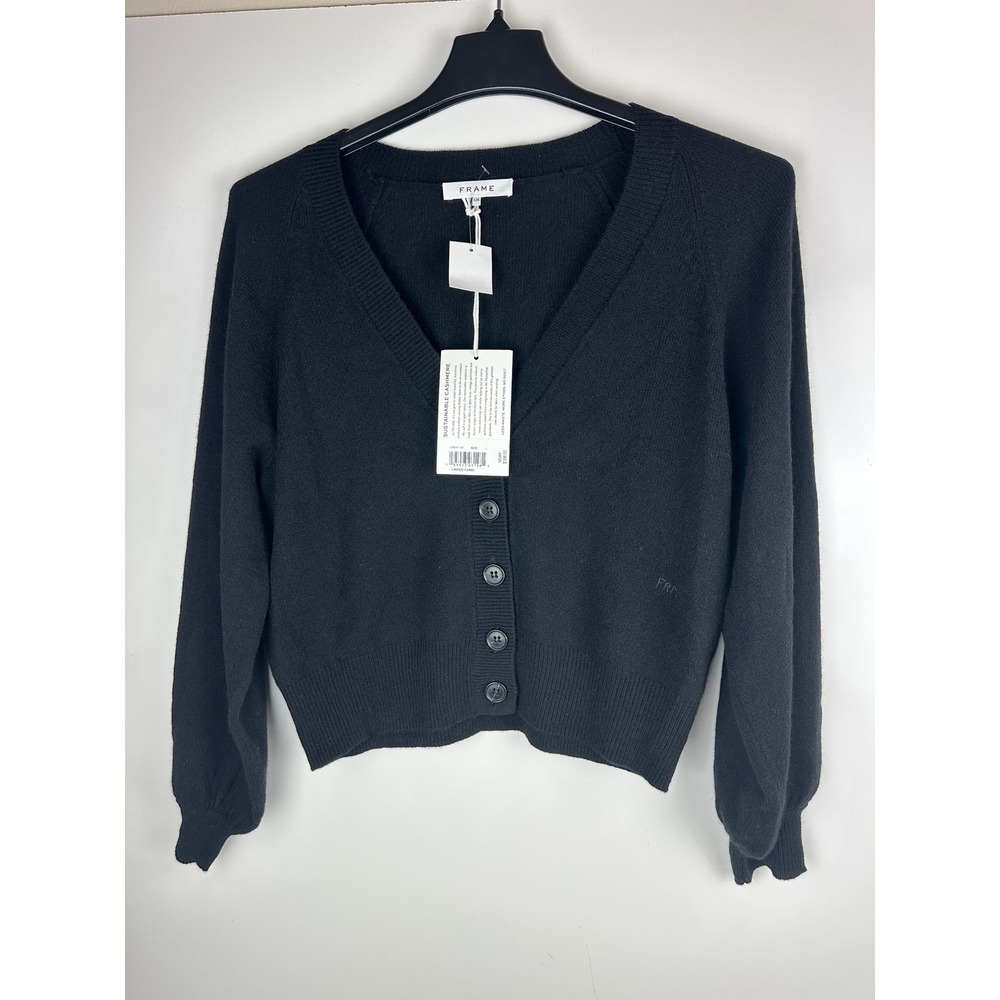 FRAME 100% Cashmere Linked Cardigan Sweater Long Sleeve Button Black Size Large - Picture 13 of 16
